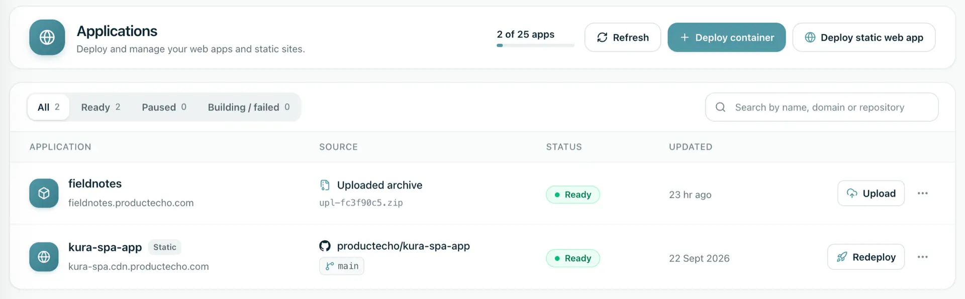 ProductEcho console, Applications page. Two apps are Ready: fieldnotes, deployed from an uploaded archive, and kura-spa-app, a static site deployed from the GitHub repository productecho/kura-spa-app on the main branch. A counter reads 2 of 25 apps, with Deploy container and Deploy static web app buttons at the top right.