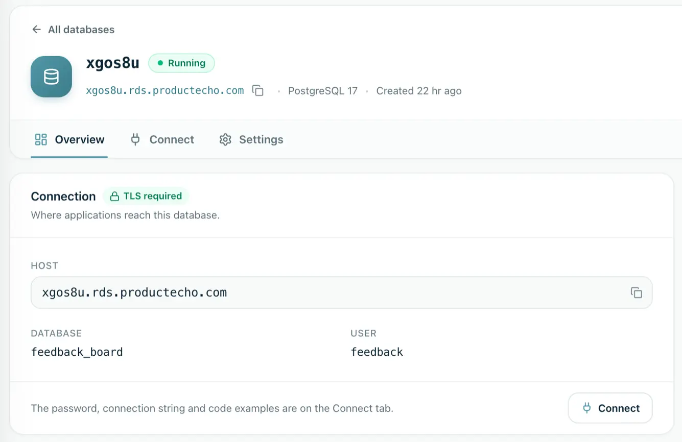 ProductEcho console, database overview. The database xgos8u is Running on PostgreSQL 17, with its host, database name and user, and a Connection card marked TLS required.
