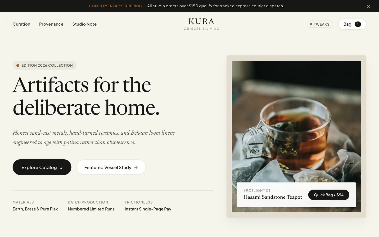 Kura Objects, a store built with Svelte and Vite, live on a ProductEcho static site address.