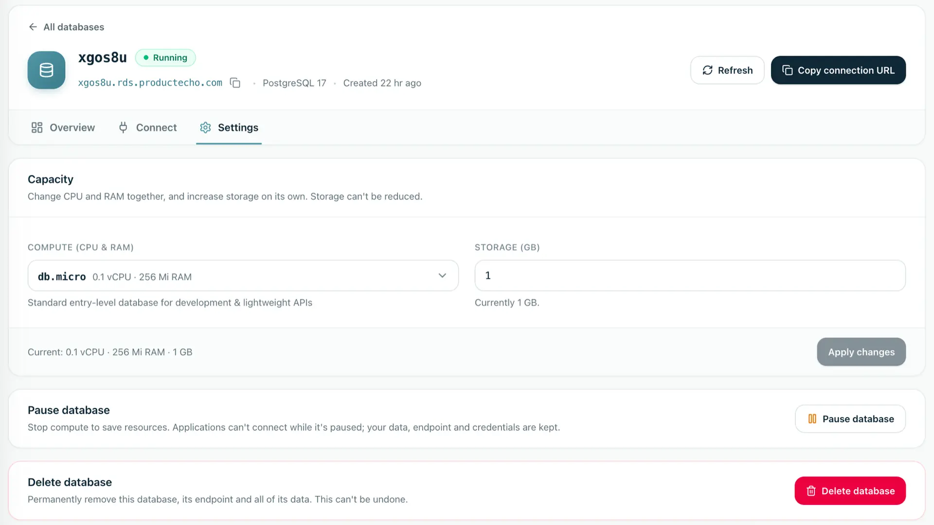 ProductEcho console, database settings. Below the Capacity card are a Pause database card, which says data, endpoint and credentials are kept, and a Delete database card, which says deletion is permanent.