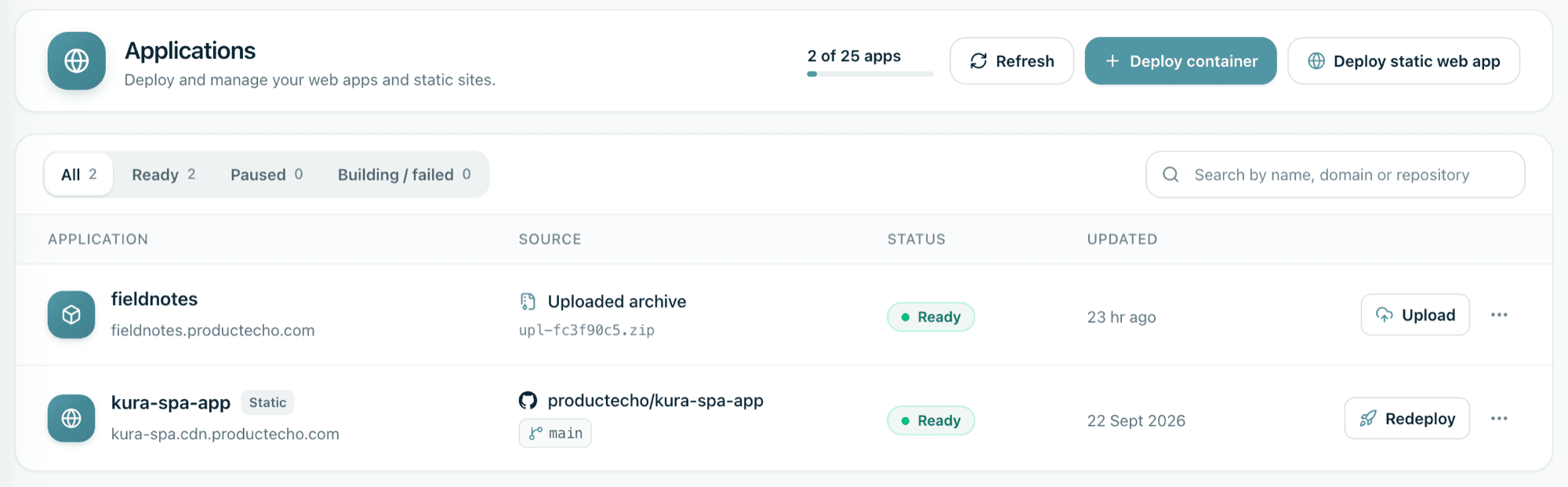 ProductEcho console, Applications page. Two apps are Ready: fieldnotes, deployed from an uploaded archive, and kura-spa-app, a static site deployed from the GitHub repository productecho/kura-spa-app on the main branch. A counter reads 2 of 25 apps, with Deploy container and Deploy static web app buttons at the top right.
