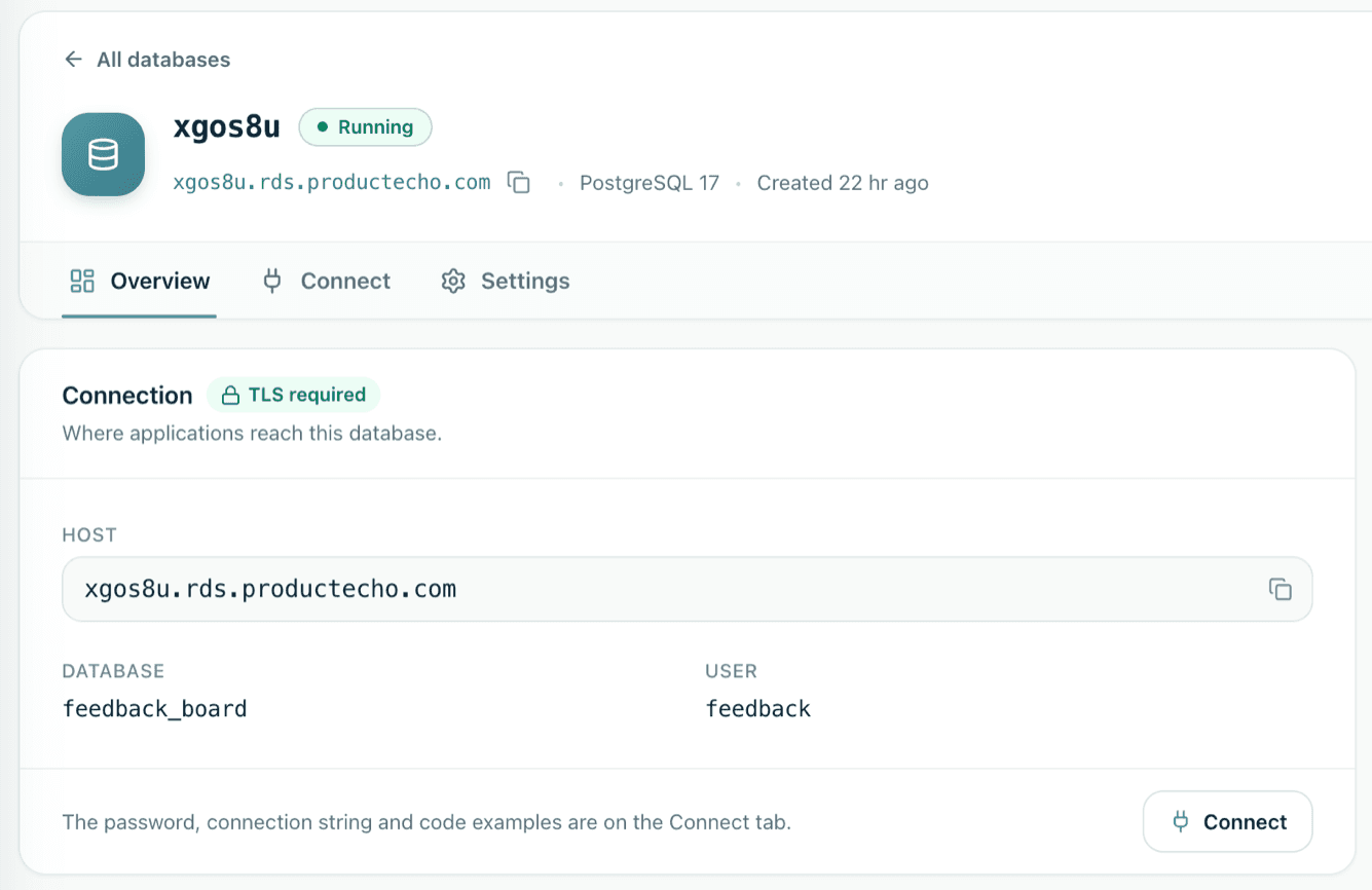 ProductEcho console, database overview. The database xgos8u is Running on PostgreSQL 17, with its host, database name and user, and a Connection card marked TLS required.