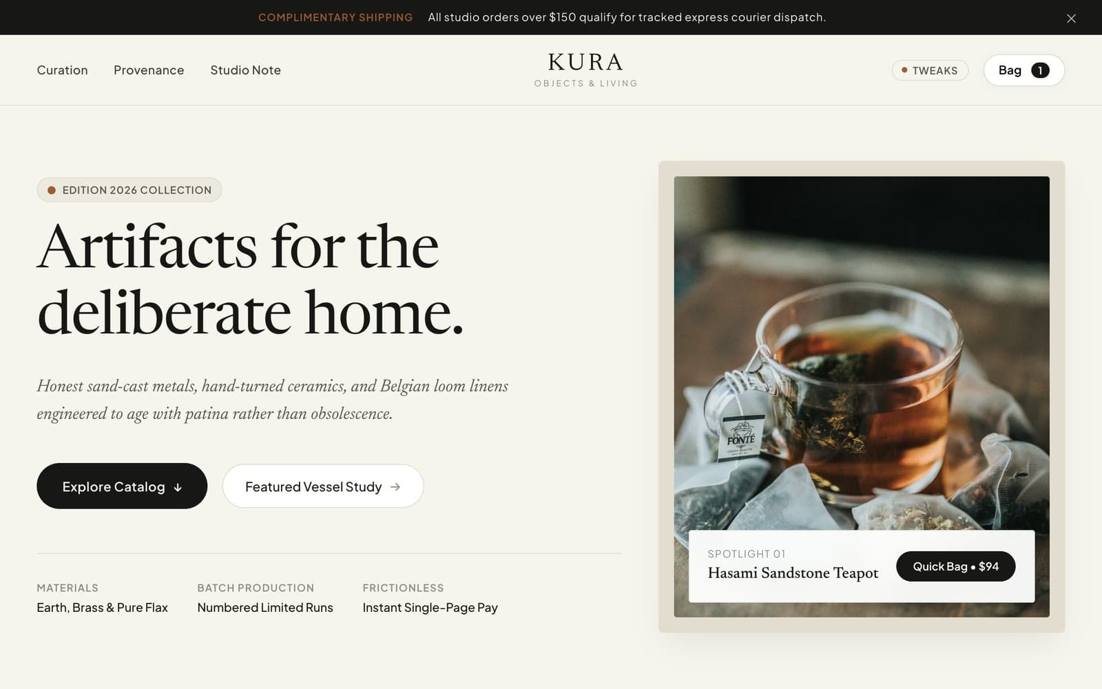 Kura Objects, a store built with Svelte and Vite, live on a ProductEcho static site address.