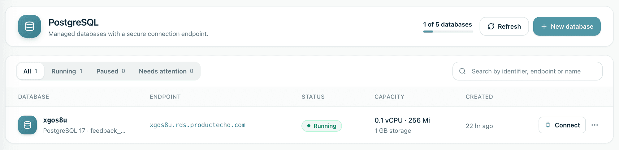 ProductEcho console, PostgreSQL page. One database, xgos8u, is Running on PostgreSQL 17 with 0.1 vCPU, 256 Mi of memory and 1 GB of storage. A counter reads 1 of 5 databases and a New database button sits at the top right.