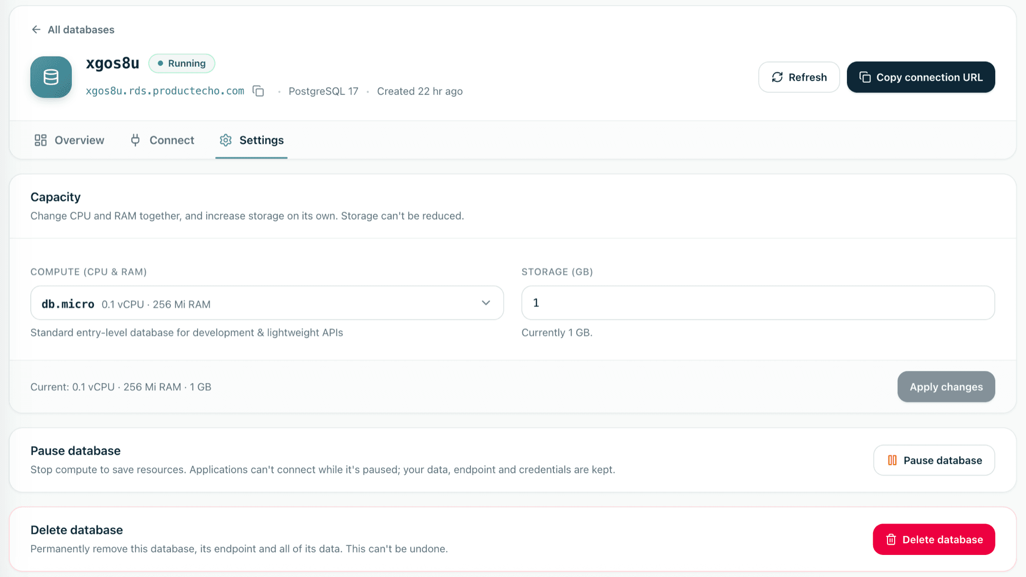 ProductEcho console, database settings. Below the Capacity card are a Pause database card, which says data, endpoint and credentials are kept, and a Delete database card, which says deletion is permanent.